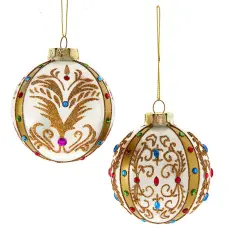 3.15" Glass White and Gold Jeweled Ornaments, Set of 2 Assorted - Elegant Christmas Tree Decorations