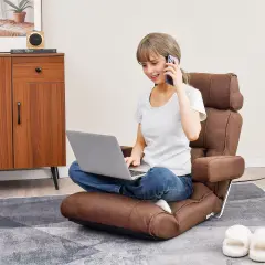 Foldable Floor Sofa Chair with 6-Position Adjustable Headrest and Metal Frame Brown