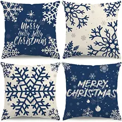 KISVODS Christmas Pillow Covers 18&times;18 Set of 4 Christmas Decorations Christmas Throw Pillow Covers Holiday Rustic Linen Christmas Pillow Case for Sofa Couch Blue Snowflake Pillow Covers