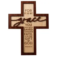 Dexsa For It Is By Grace Inspirational Laser-Cut Wood Cross Plaque 7.5 inches x 10 inches