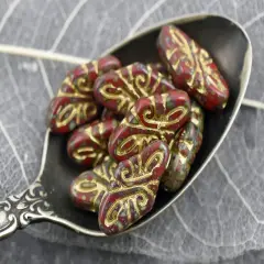 *9* 19x9mm Gold Washed Opaque Red Travertine Arabesque Beads