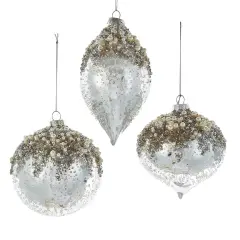 4" Glass Icy Silver Ball, Onion and Drop Ornaments, 3 Assorted