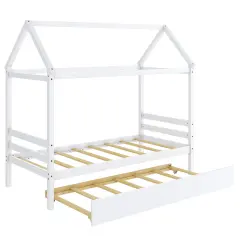 Wood Twin House Platform Bed Frame with Trundle, Sturdy White