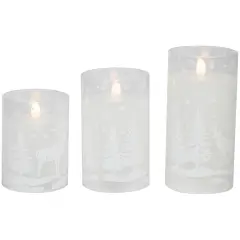 Northlight LED Flameless Flickering Snowy Woodland Glass Christmas Pillar Candles - 6" - Set of 3 White