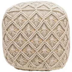 Northlight 18" Beige Handmade Macrame Natural Cotton Square Pouf Ottoman Ivory