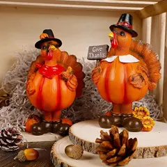 Standing Turkey Couple Thanksgiving Decorations, 2 Pack Resin Turkeys Give Thanks Autumn Fall Tabletop Decor Figurine Decorative Centerpieces Harvest Home Ornament