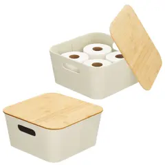 mDesign Modern Stackable Fabric Covered Bin with Bamboo Lid, 2 Pack