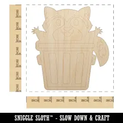 Lively Raccoon in Trash Can Unfinished Wood Shape Piece Cutout for DIY Craft Projects