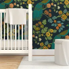 Pre-Pasted Wallpaper 2FT Wide Chinoiserie Emerald Peacock Garden Rococo Morris Peacock Bird Art Nouveau Peacocks European Custom Pre-pasted Wallpaper by Spoonflower