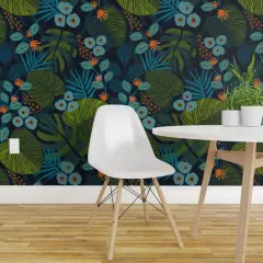 Peel & Stick Wallpaper 2FT Wide Tropical Fun Blue Green Teal Flora Custom Removable Wallpaper by Spoonflower