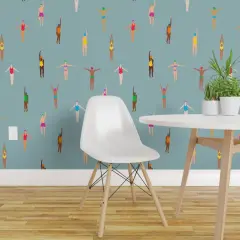 Peel & Stick Wallpaper 2FT Wide Swimmers Blue Vintage Water Holiday Summer Ocean Custom Removable Wallpaper by Spoonflower