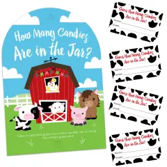 Big Dot of Happiness Farm Animals - How Many Candies Barnyard Baby Shower or Birthday Party Game - 1 Stand and 40 Cards - Candy Guessing Game