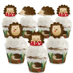 Big Dot of Happiness Forest Hedgehogs - Cupcake Decoration - Woodland Birthday Party or Baby Shower Cupcake Wrappers and Treat Picks Kit - Set of 24