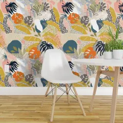 Pre-Pasted Wallpaper 2FT Wide Abstract Jungle Retro Boho Bohemian Palm Leaves Tropical Monstera Custom Pre-pasted Wallpaper by Spoonflower