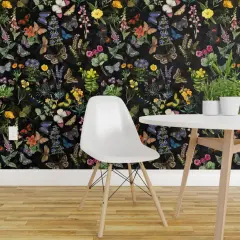 Pre-Pasted Wallpaper 2FT Wide Butterfly House Moody Floral Moths On Black Spring Flower English Cottage Shabby Chic Flowers Core Custom Pre-pasted Wallpaper by Spoonflower