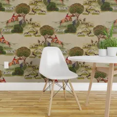 Peel & Stick Wallpaper 2FT Wide Vintage Style Fox Hunt Equestrian English Landscape Beagle Foxhound Custom Removable Wallpaper by Spoonflower