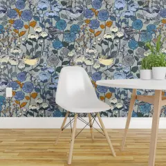 Peel & Stick Wallpaper 2FT Wide Winter Garden Birds Flowers Snow Day Floral Silver Landscape Botanical Blooms Wedding Custom Removable Wallpaper by Spoonflower