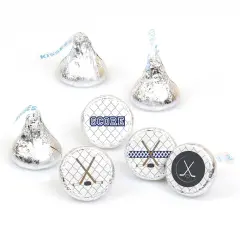 Big Dot of Happiness Shoots and Scores - Hockey - Baby Shower or Birthday Round Candy Sticker Favors - Labels Fits Chocolate Candy (1 Sheet of 108)