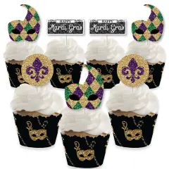 Big Dot of Happiness Mardi Gras - Cupcake Decoration - Masquerade Party Cupcake Wrappers and Treat Picks Kit - Set of 24