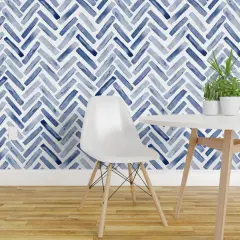Pre-Pasted Wallpaper 2FT Wide Watercolor Chevron Herringbone Modern Boy Nursery Blue And White Custom Pre-pasted Wallpaper by Spoonflower
