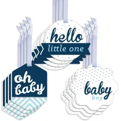 Big Dot of Happiness Hello Little One - Blue and Silver - Assorted Hanging Boy Baby Shower Favor Tags - Gift Tag Toppers - Set of 12
