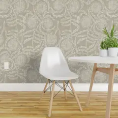 Pre-Pasted Wallpaper 2FT Wide Vintage Floral Neutral Natural Linen Look Rustic Farmhouse Transitional French Botanical Vines Leaves Faux Texture Custom Pre-pasted Wallpaper by Spoonflower