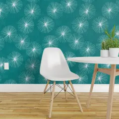 Pre-Pasted Wallpaper 2FT Wide Mid Century Mod Circle Snowflake Minimalist Geo Dandelion White Blue Mod Christmas Custom Pre-pasted Wallpaper by Spoonflower