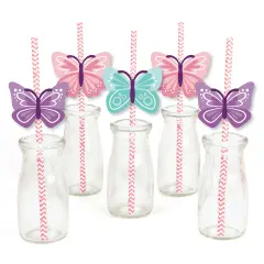 Big Dot of Happiness Beautiful Butterfly - Paper Straw Decor - Floral Baby Shower or Birthday Party Striped Decorative Straws - Set of 24