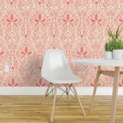 Pre-Pasted Wallpaper 2FT Wide Bohemian Coral Batik Indian Inspired Weathered Look Boho Worldly Decor Summer Pink Custom Pre-pasted Wallpaper by Spoonflower