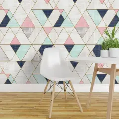 Peel & Stick Wallpaper 2FT Wide Navy Mint Pink Triangles Geo Geometric Mid Century Custom Removable Wallpaper by Spoonflower