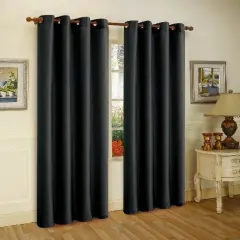 J&V TEXTILES 2 Panels Solid Grommet Faux Silk Window Curtain Drapes Treatment in 84" Length Black