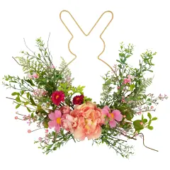 Northlight Bunny and Peony Mixed Floral Wall Hanging Easter Decoration - 16"- Pink