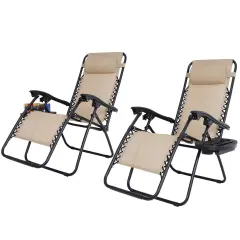 2 Zero Gravity Reclining Chairs Folding Garden Lounge Beach Lawn with Trays