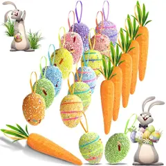 Easter Egg Ornaments and Carrot Hanging Ornaments 12 Pieces Colorful 6 Pieces Premium Foam Glitter Artificial Carrots Tree Decorations Home Party DIY Crafts