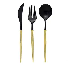 Heavy-duty Plastic Cutlery 24 pcs Black and gold