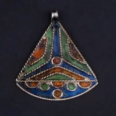 The Bead Chest Triangle Sail Enameled Berber Pendant 40mm Morocco African Multicolor White Metal Large Hole Handmade