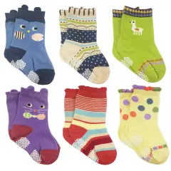 Wrapables Peek A Boo Animal Non-Skid Toddler Socks (Set of 6), Cat and Owl Large