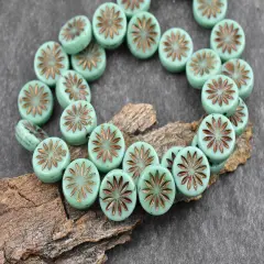 *15* 12mm Dark Bronze Washed Opaque Turquoise Aster Flower Coin Beads
