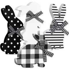 4 Pcs Easter Bunny Table Wooden Signs Bunny Shaped Farmhouse Decor Spring Bunny Wood Tabletop Easter Decorations Easter Bunny Dining Room Table Decor Sign Bunny Decor with Rope (Striped)