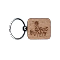 Western Wagon Cowboy Horses Oregon Trail Engraved Wood Rectangle Keychain Tag Charm