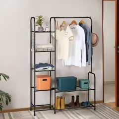 Coat Rack Freestanding Clothing Rack with Shelves Garment Racks for Hanging Clothes with Shoe Rack Black
