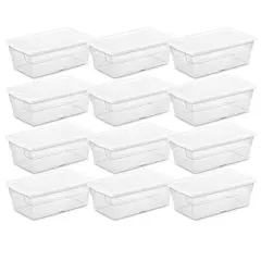 Sterilite 6 Qt Storage Box, Stackable Bin with Lid, Plastic Container to Organize Shoes and Crafts on Closet Shelves, Clear with White Lid, 12-pack