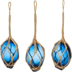 Glass Fishing Floats Cobalt Blue Japanese Glass Floats 2" Nautical Rope Ball Set of 3 Nautical Themed Wall Decor Beach House Decor Glass Buoys