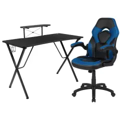 Emma and Oliver Gaming Desk and Racing Chair Set with Headphone Hook, and Monitor Stand Blue