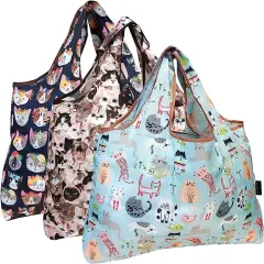 Wrapables Large Foldable Tote Nylon Reusable Grocery Bag, 3 Pack Cat Lovers