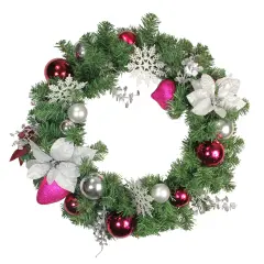 Northlight Poinsettia and Snowflake Artificial Christmas Wreath - 24" - Pink and White - Unlit
