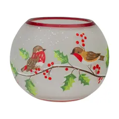 Northlight 5-Inch Hand Painted Finches and Pine Flameless Glass Candle Holder White