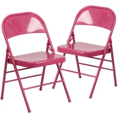 Emma and Oliver 2 Pack Home & Office Colorful Metal Folding Chair Teen and Event Seating Shockingly Fuchsia