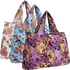 Wrapables Large Foldable Tote Nylon Reusable Grocery Bags, 3 Pack Elegant Bouquet