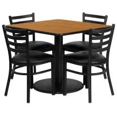Emma and Oliver 36" Square Laminate Round Base Table Set with 4 Ladder Back Chairs NaturalTop/BlackVYL